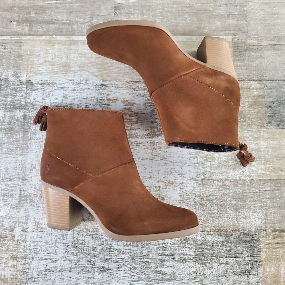 Hush Puppies Ingrid Ankle Boots Womens Sz 9 M Tan Suede Back Zipper Block Heel